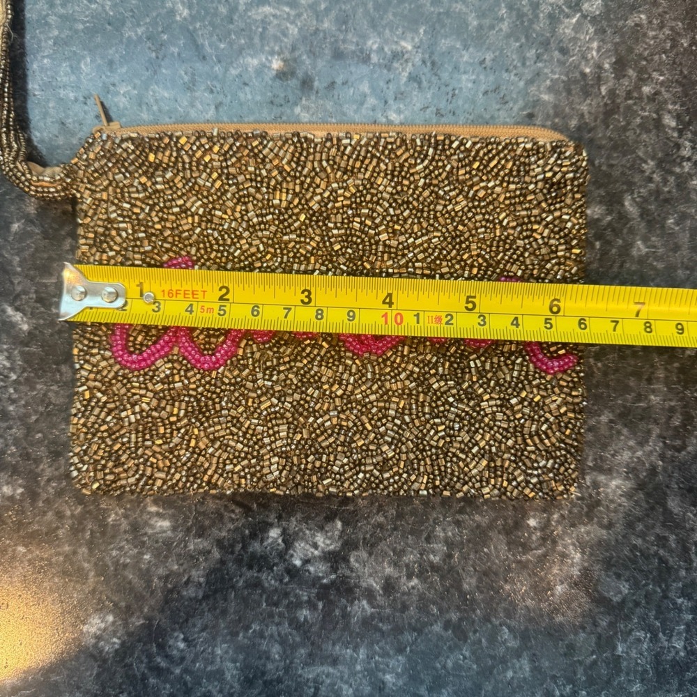 Moyna Amour Beaded Wristlet Clutch Bag Bronze Gold Pink Script Evening Pouch - Picture 6 of 7